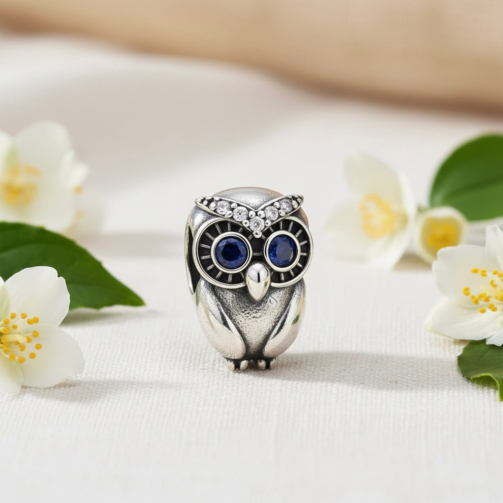 Sterling Silver 925 Wise Owl Bracelet Bead Charm “Midnight Eyes”