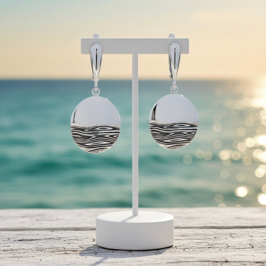 Sterling Silver 925 Round Drop Earrings “Ocean Waves”