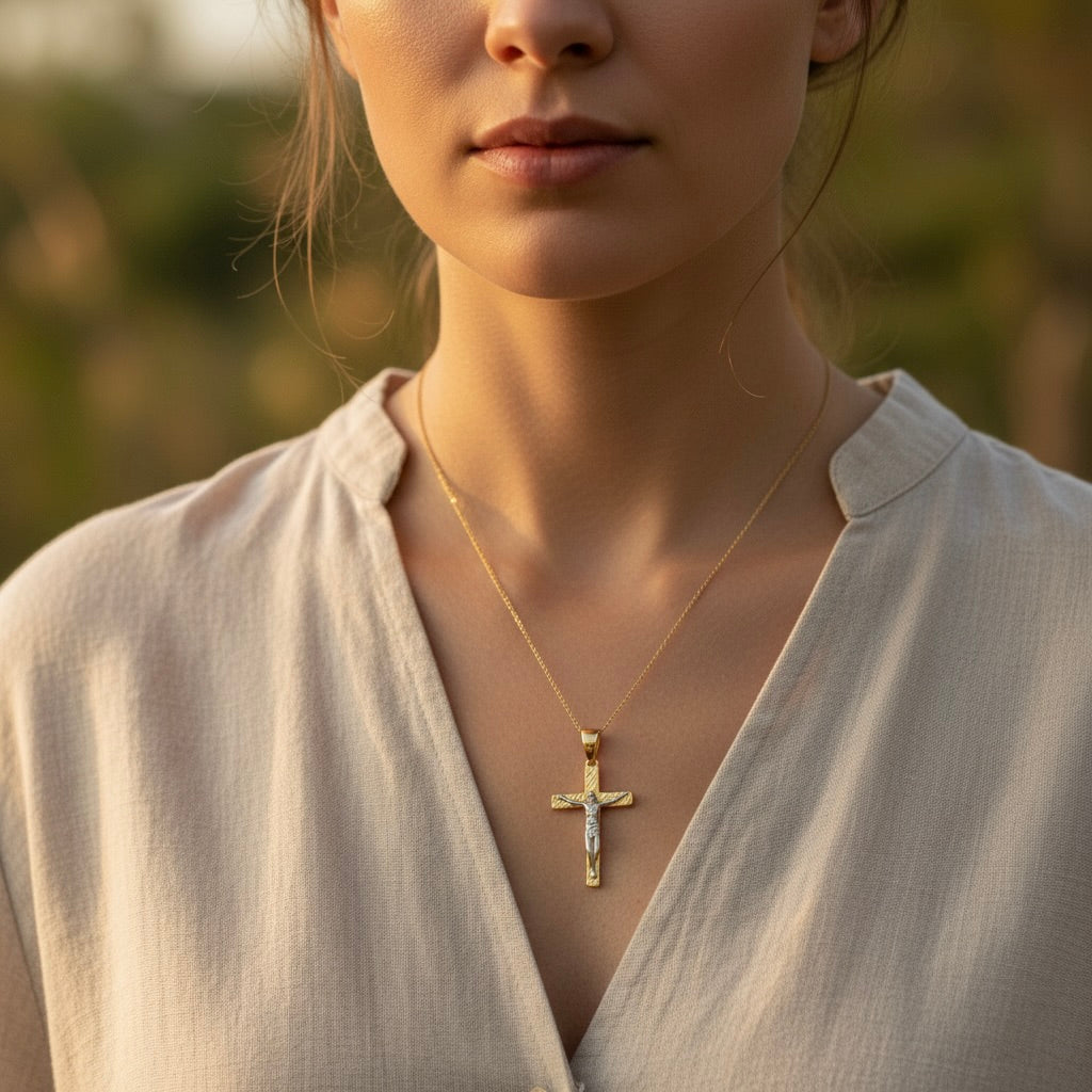 Sterling Silver 925 Yellow Gold Plated Cross Crucifix Pendant "Ellis"