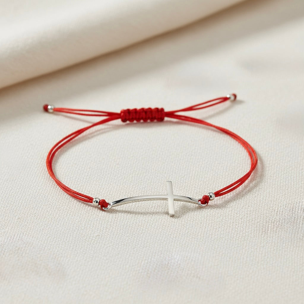 Red String Bracelet with Serling Silver 925 Cross Charm "Blessed"