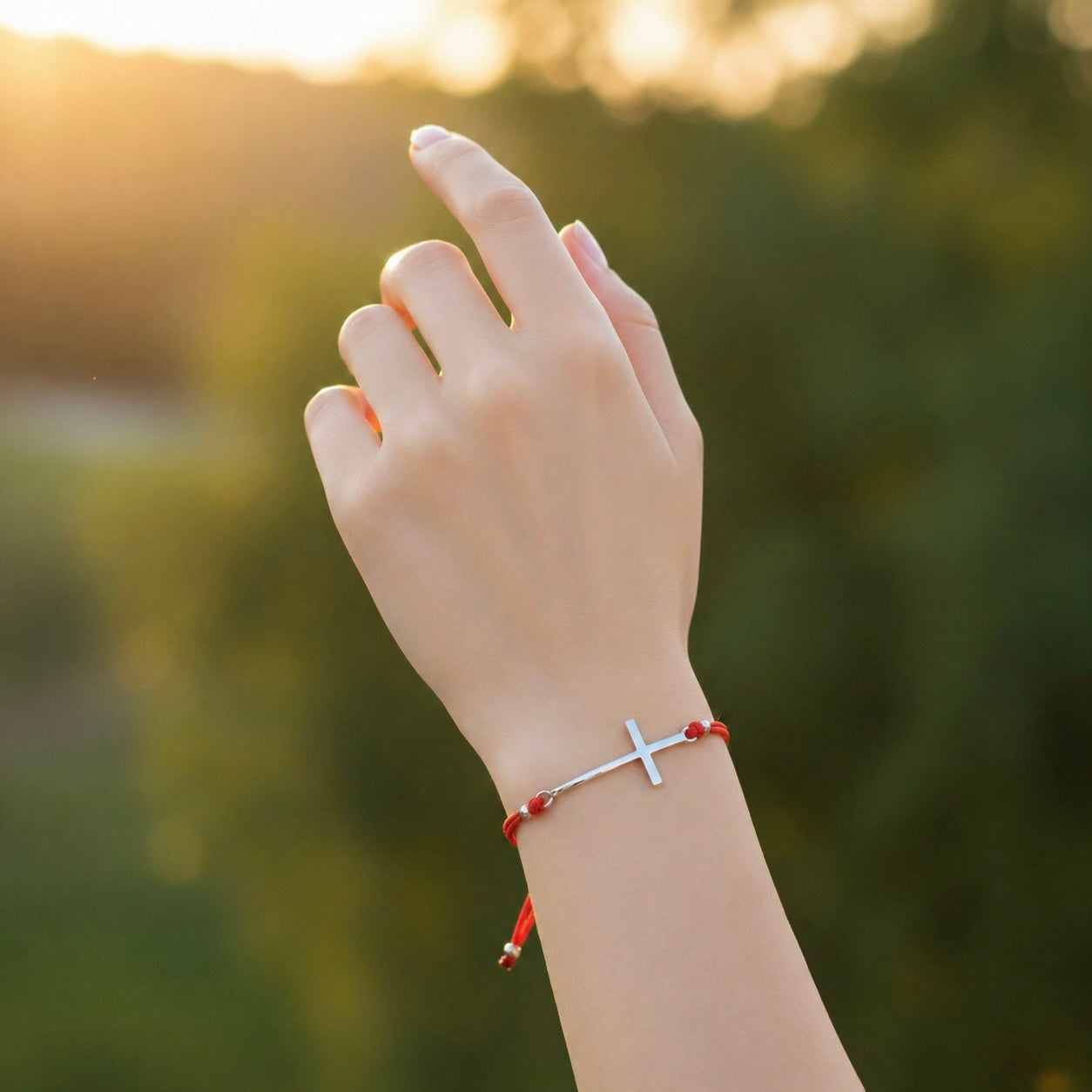 Red String Bracelet with Serling Silver 925 Cross Charm "Blessed"