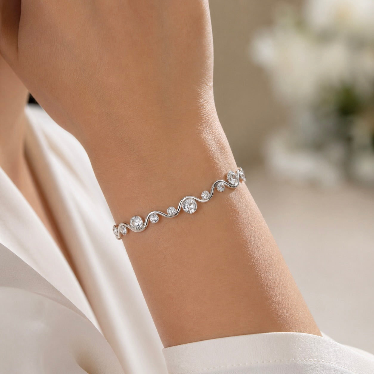 Sterling Silver 925 Wavy Swarovski Crystals Bangle Bracelet "Serena"