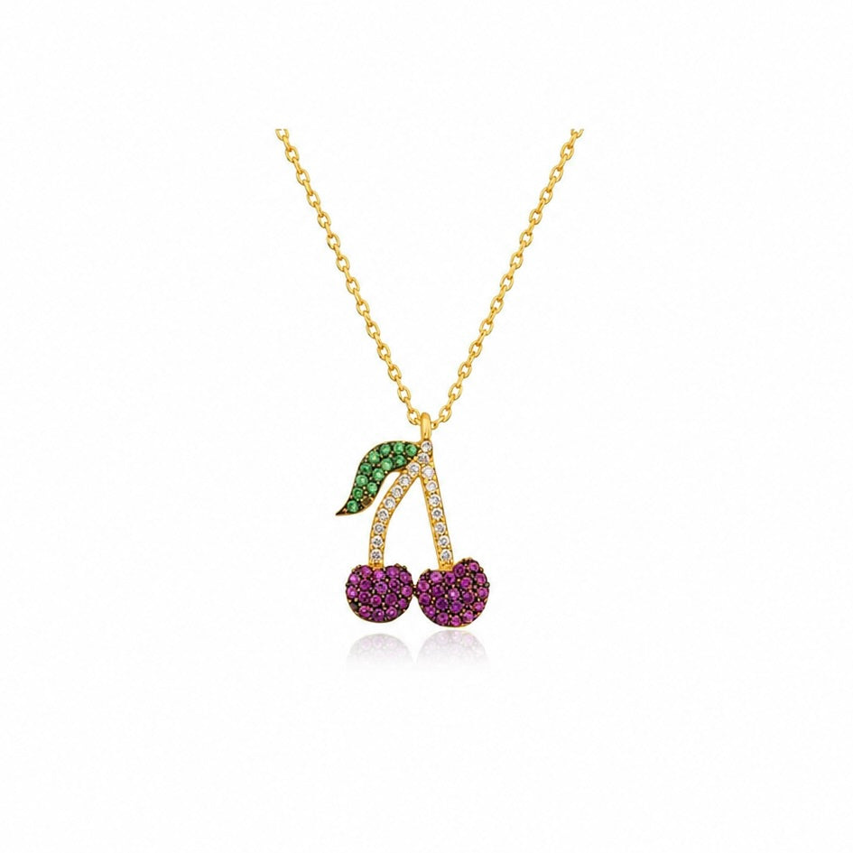 Halskette Sterling-Silber 925, Gelbgold plattiert, Kirsche, Zirkonia-Anhänger „Cerise“