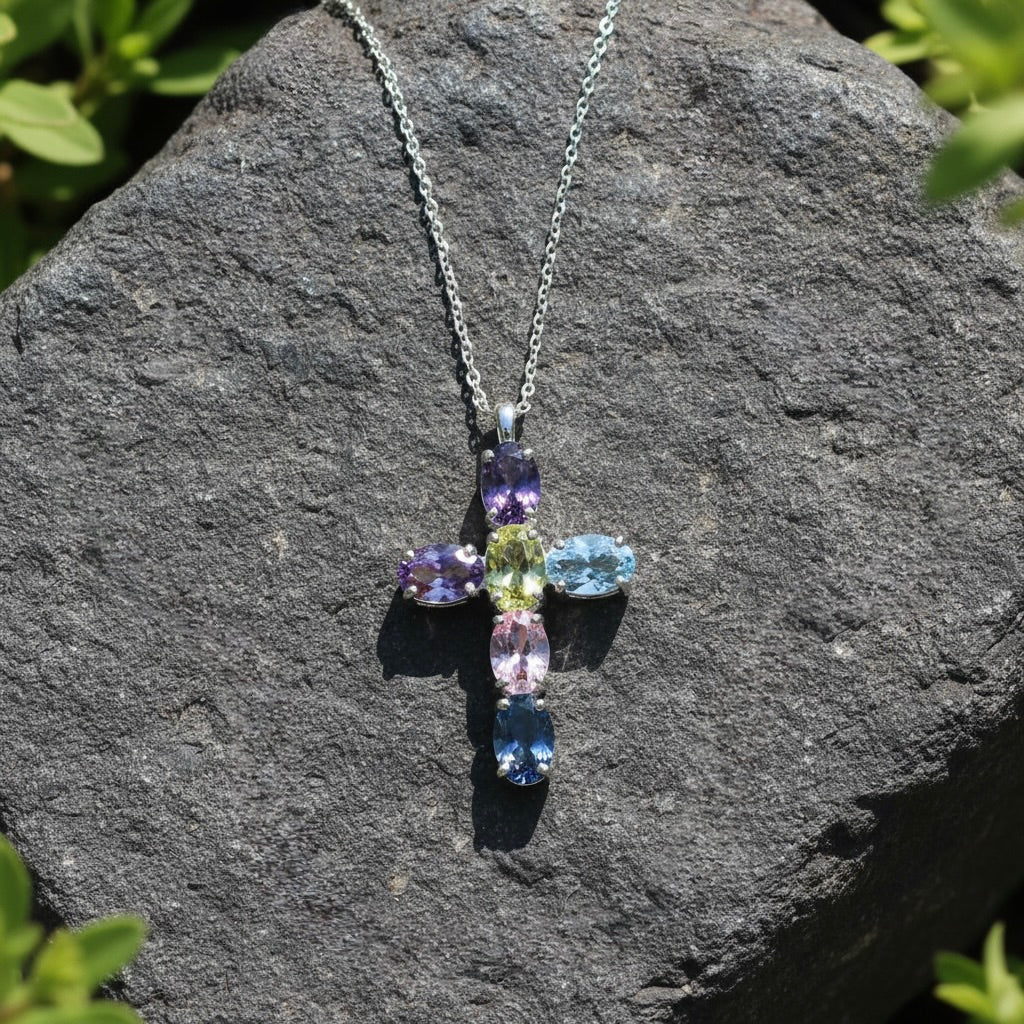 Sterling Silver 925 Cross Pendant Swarovski Crystal Necklace "Rainbow"