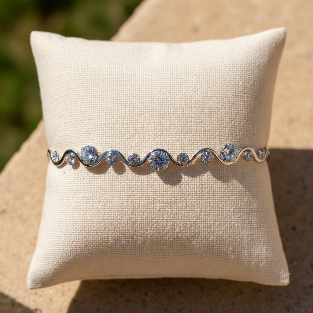 Sterling Silver 925 Wavy Swarovski Crystals Bangle Bracelet "Serena"