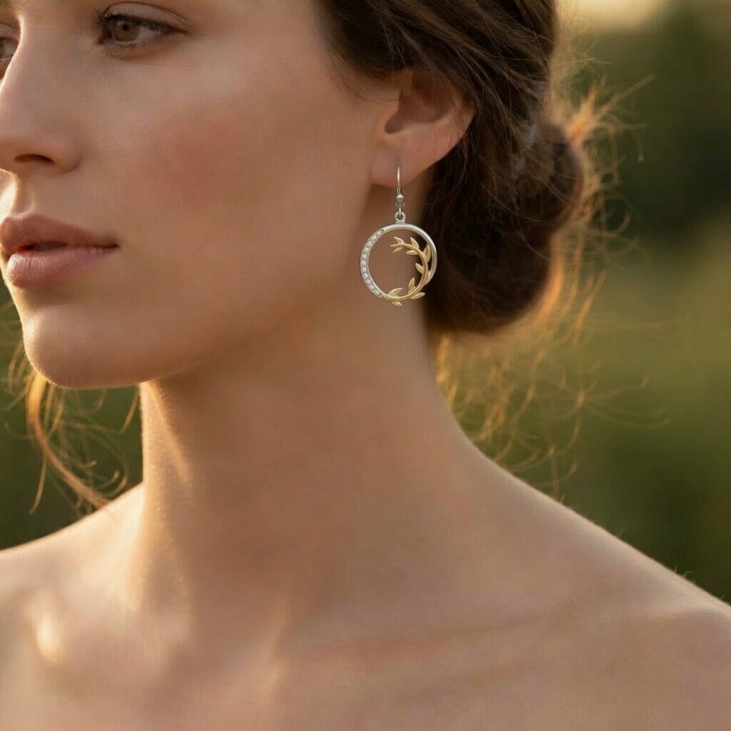 Sterling Silver 925 Yellow Gold Plated Olive Branch CZ Drop Earrings "Olea"