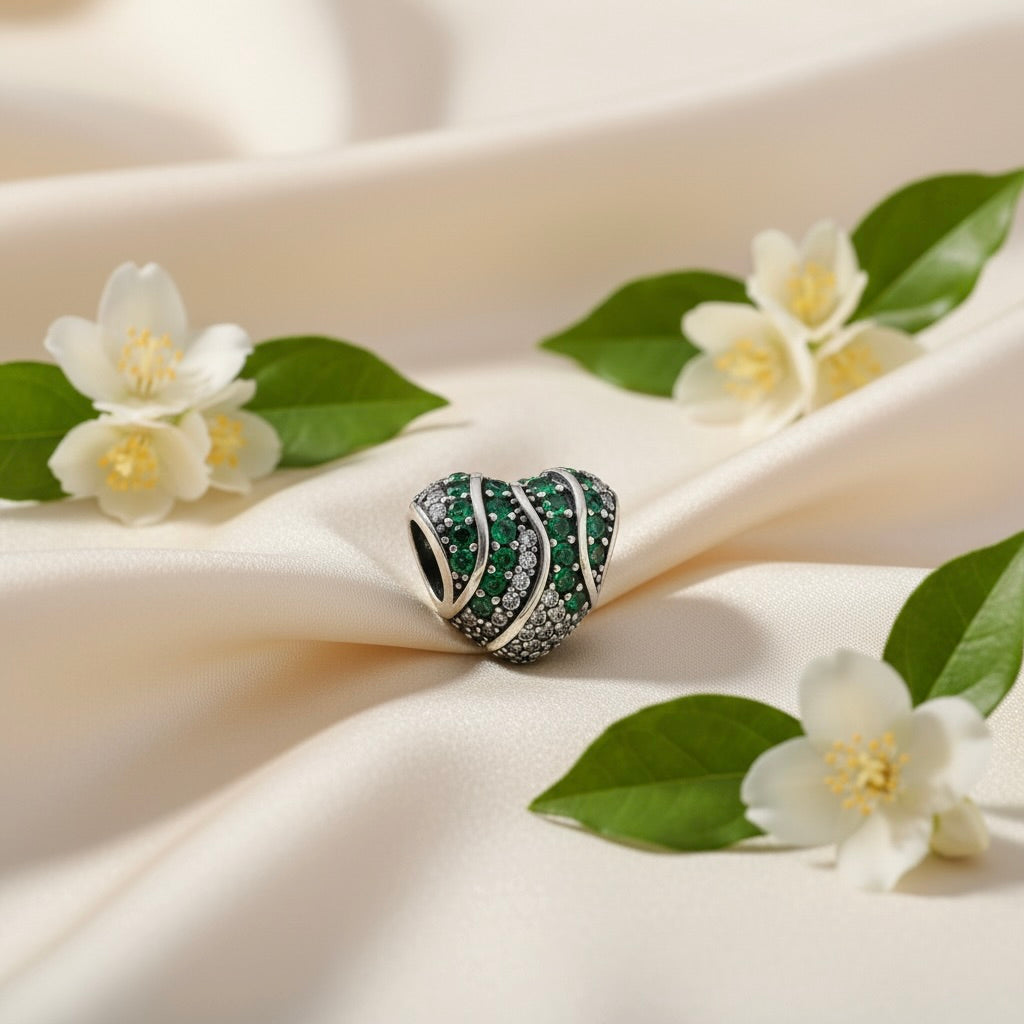 Sterling Silver 925 Sparkling Heart Bracelet Bead Charm "Green Wave"