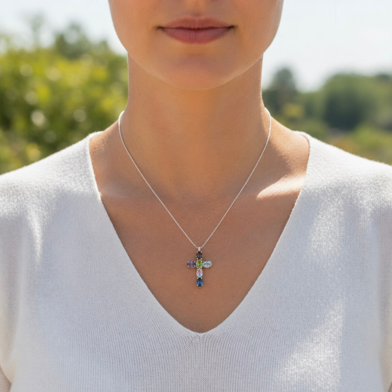 Sterling Silver 925 Cross Pendant Swarovski Crystal Necklace "Rainbow"