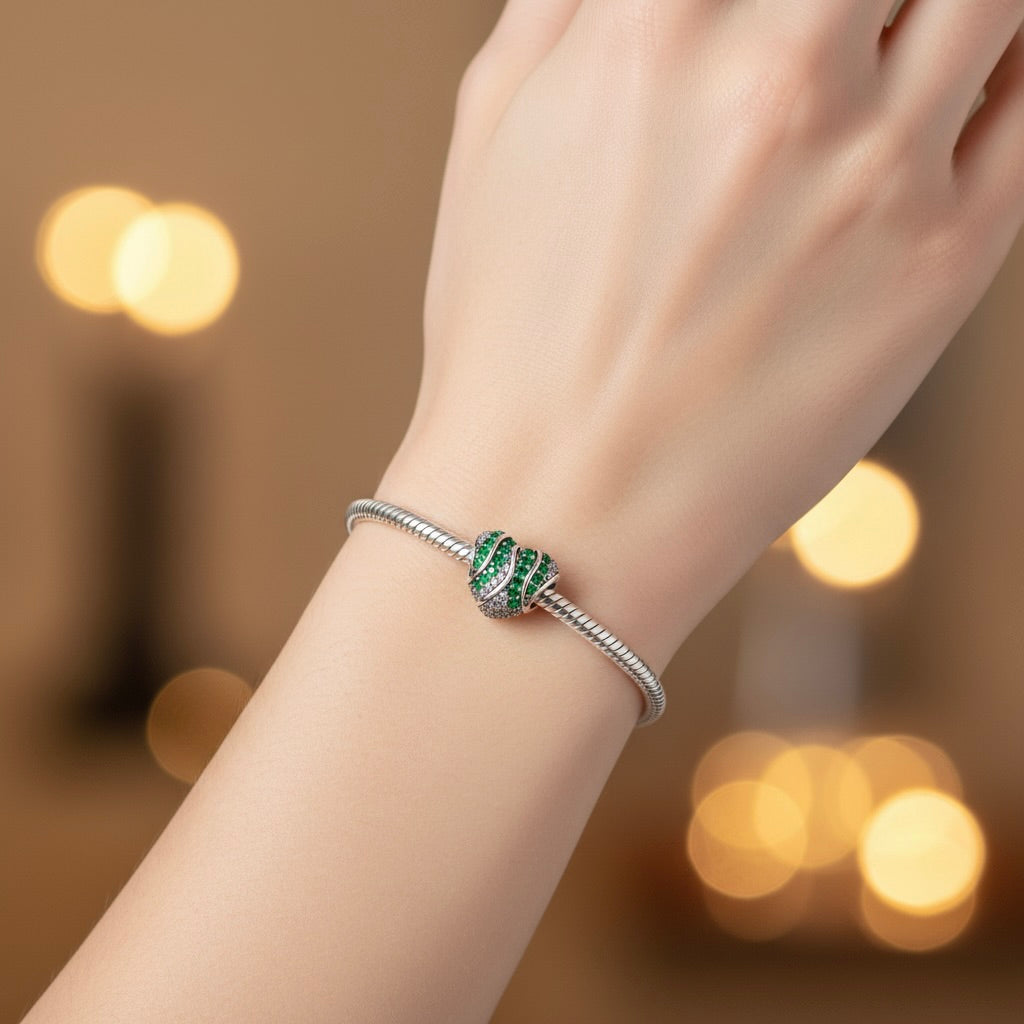 Sterling Silver 925 Sparkling Heart Bracelet Bead Charm "Green Wave"