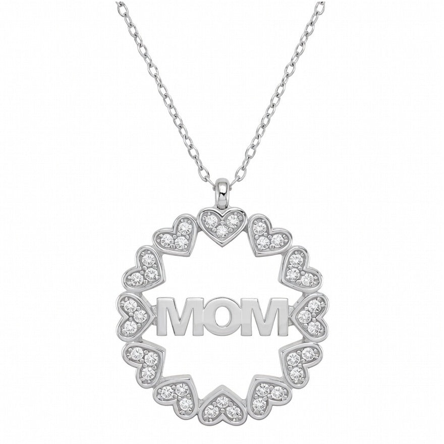 Halskette aus Sterlingsilber 925 mit rundem „MOM“-Herz-Anhänger mit Zirkonia „Family“