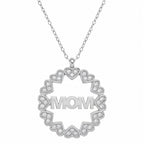 Sterling Silver 925 Round MOM Heart Charm CZ Necklace Pendant "Family"