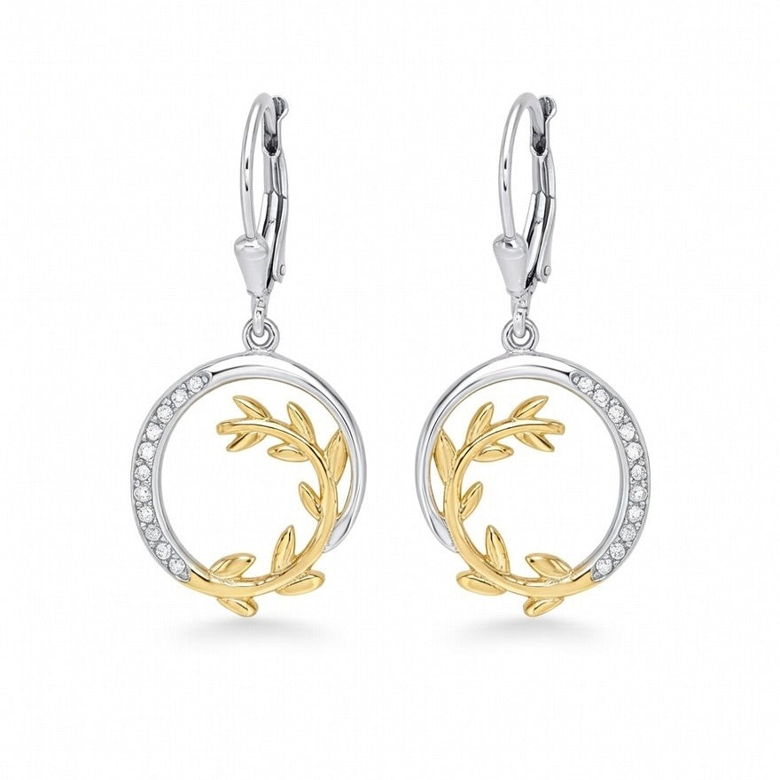 Sterling Silver 925 Yellow Gold Plated Olive Branch CZ Drop Earrings "Olea"