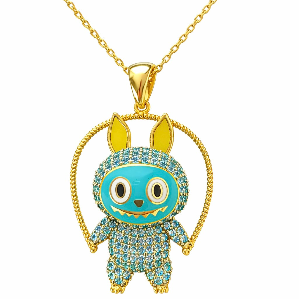 Yellow Gold Plated Sterling Silver 925 Labubu CZ Necklace Pendant "Cyan"