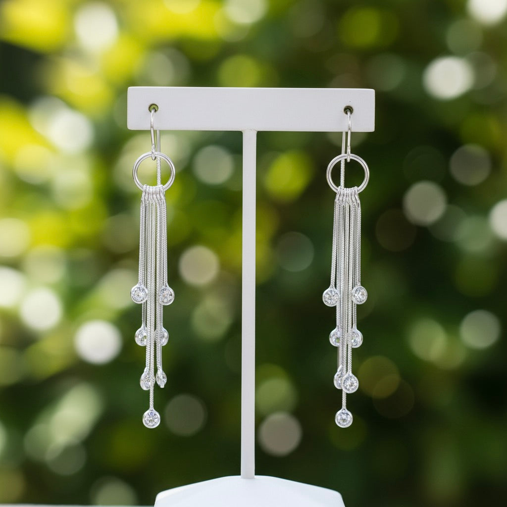 Sterling Silver 925 CZ Dangle Drop Threader Earrings "Lumina"