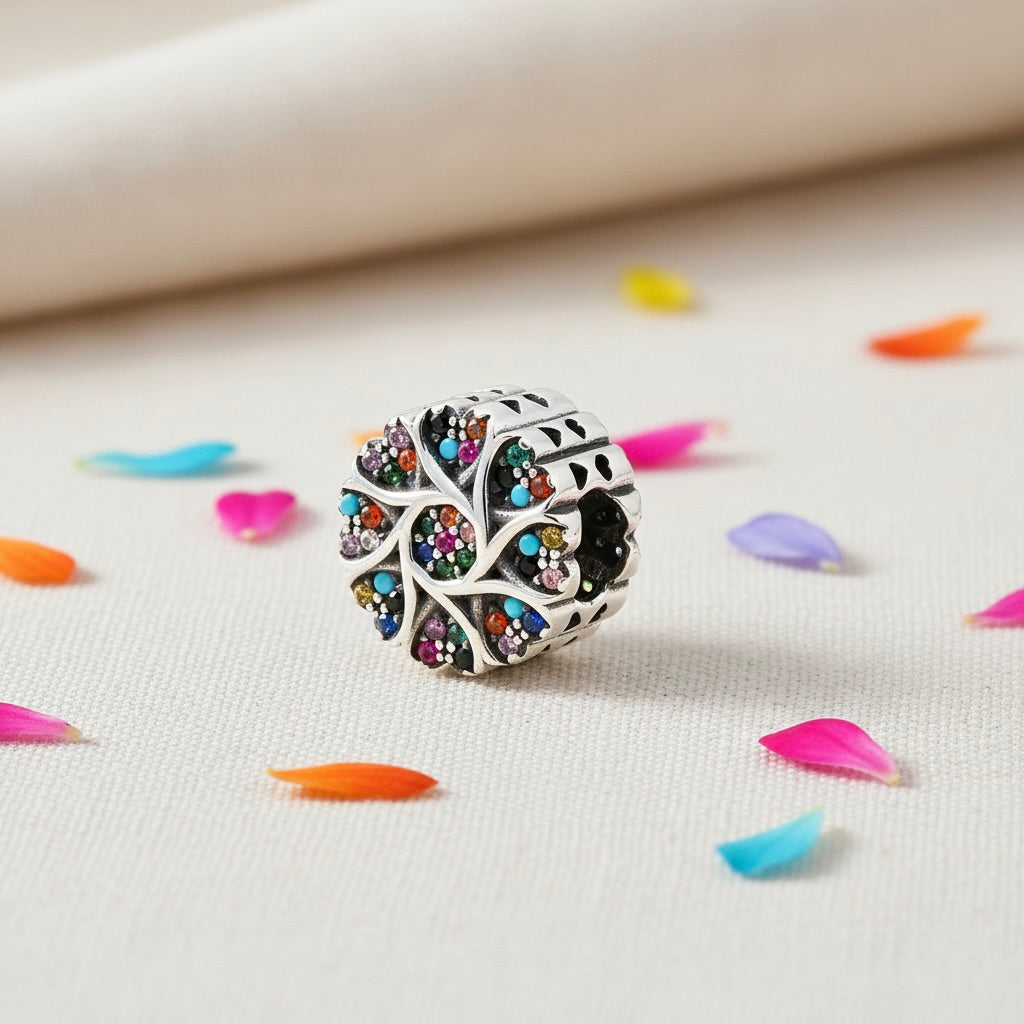 Sterling Silver 925 Multicolour Heart Accent Bracelet Bead Charm “Blooming Joy”