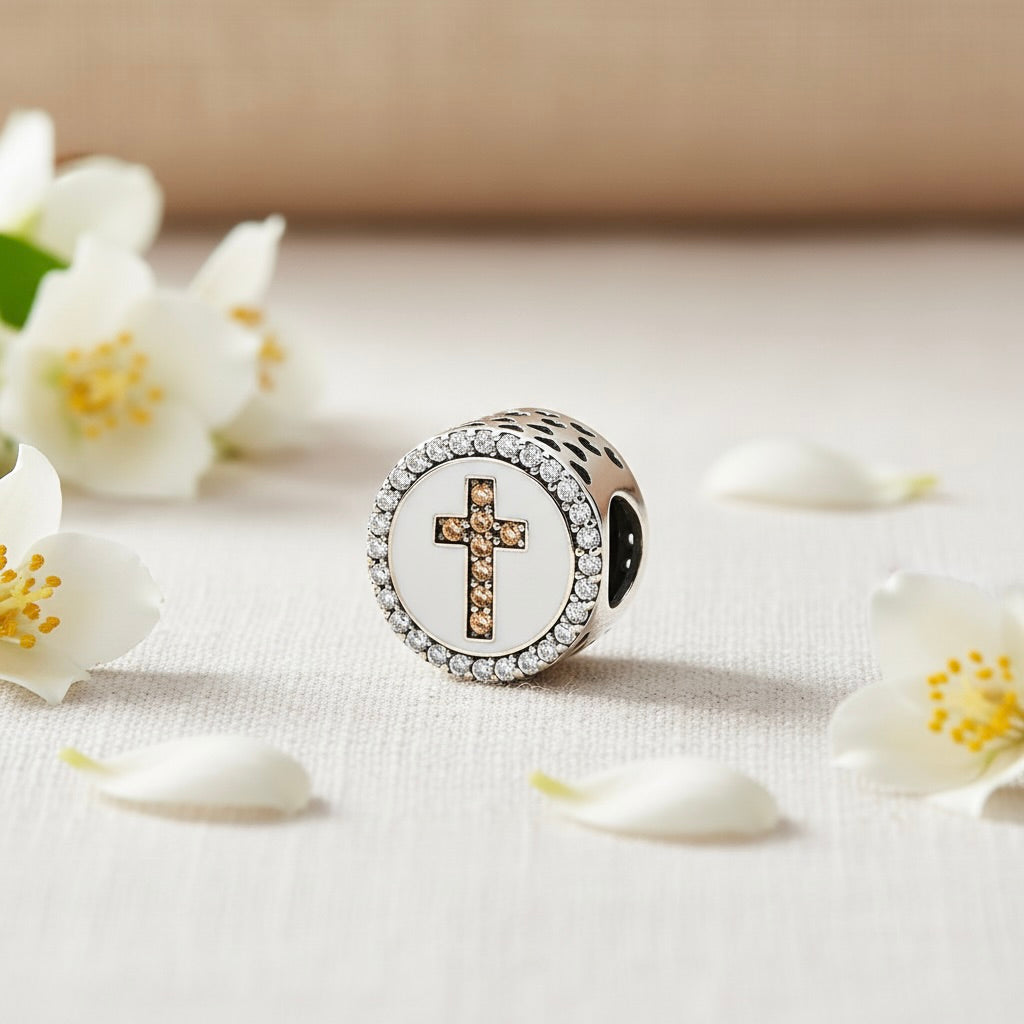 Sterling Silver 925 Cross Bracelet Bead Charm “Faith & Light”