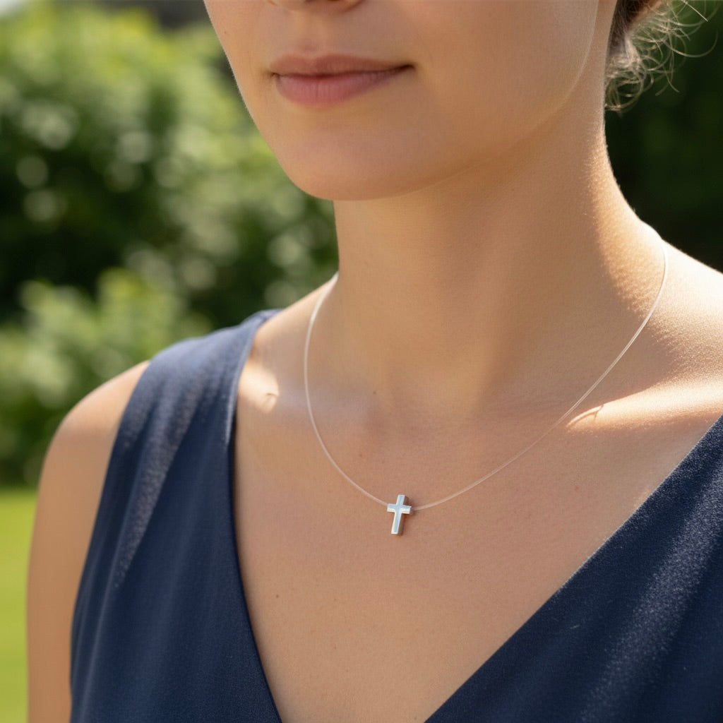 Sterling Silver 925 Cross Charm Cord Necklace "Invisible Faith"