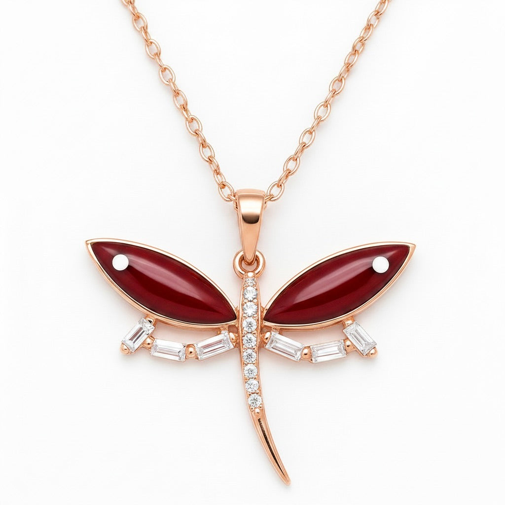 Sterling Silver 925 Dragonfly CZ Rose Gold Pendant Necklace "Libellula"