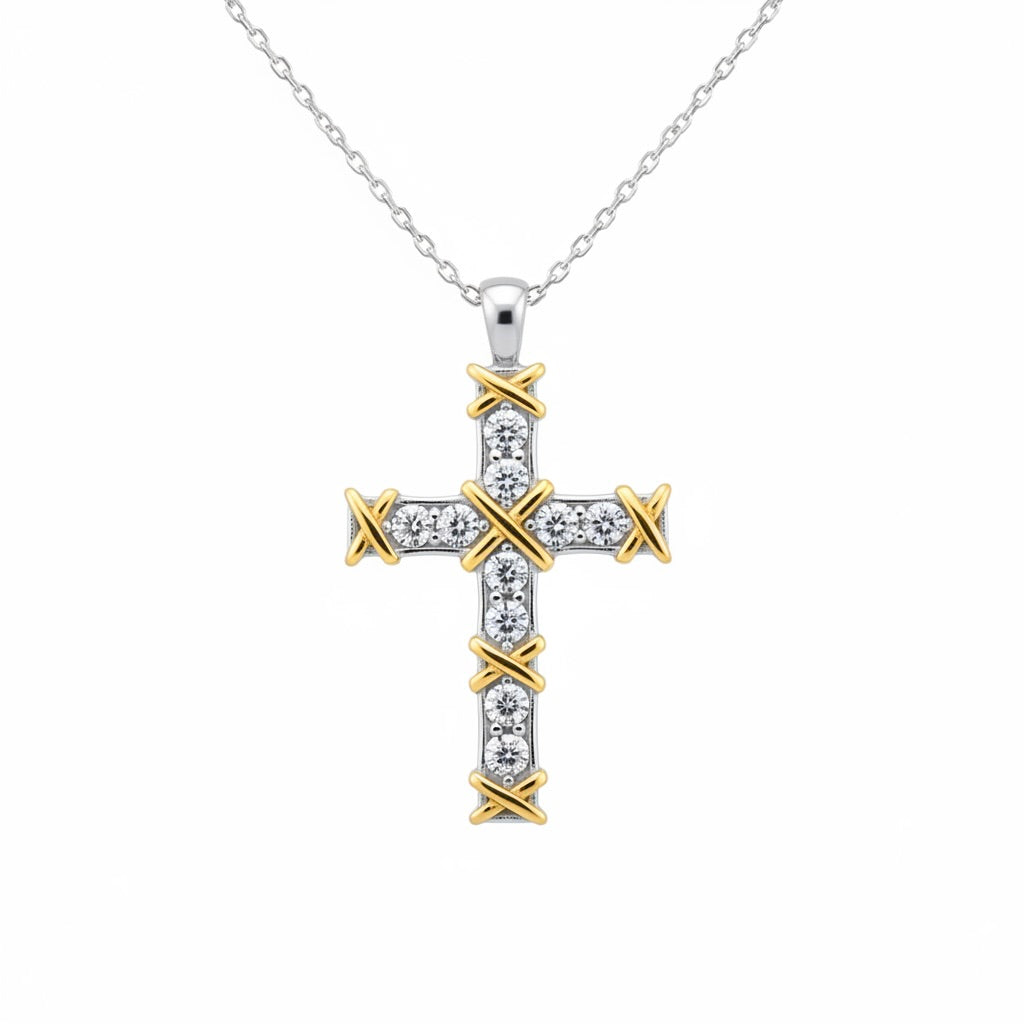 Sterling Silver 925 Cross Pendant Yellow Gold Plated CZ Necklace "Belle"