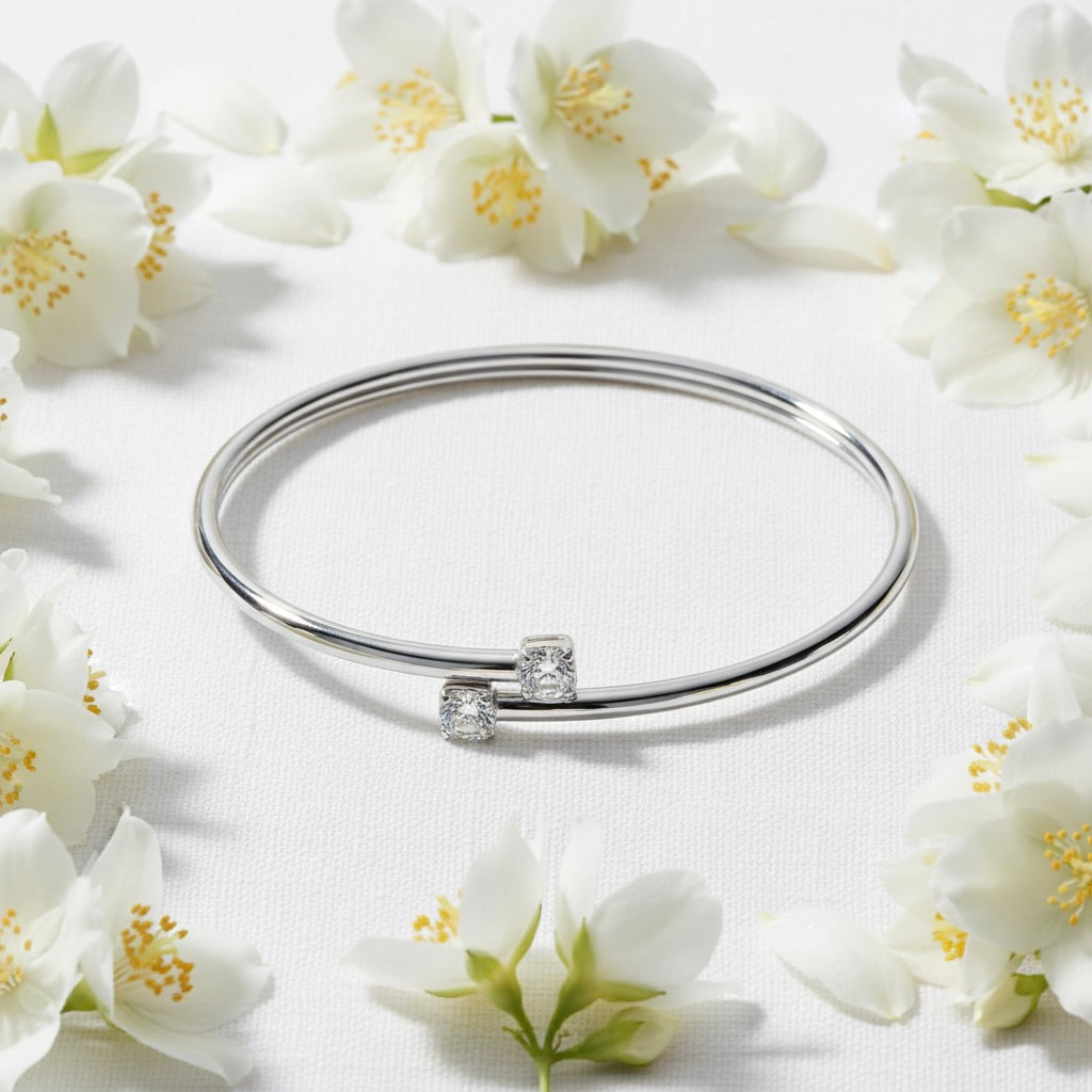 Sterling Silver 925 Minimalist CZ Bangle Bracelet “Dual Spark”
