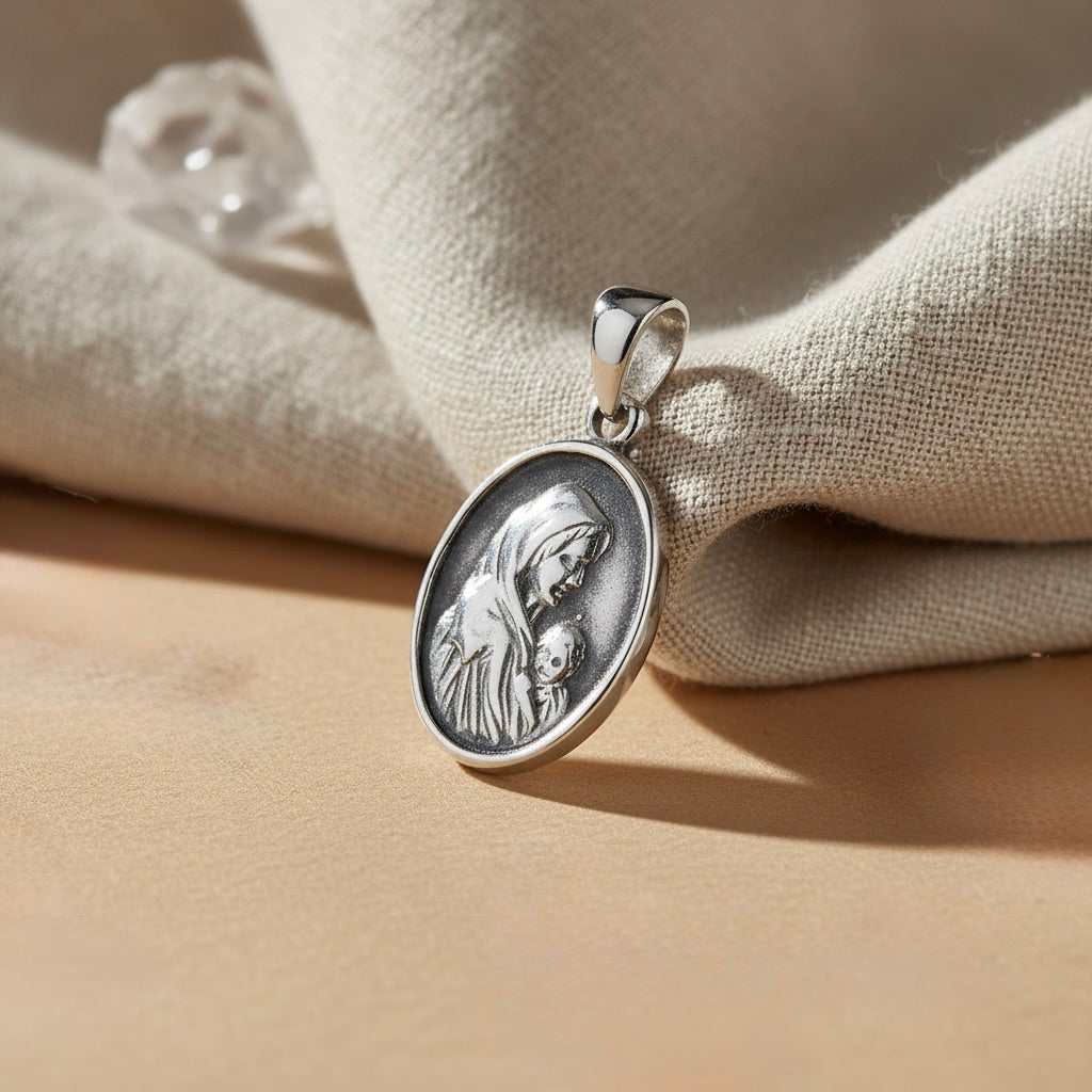 Sterling Silver 925 Virgin Mary Oval Pendant "Holy Embrace"