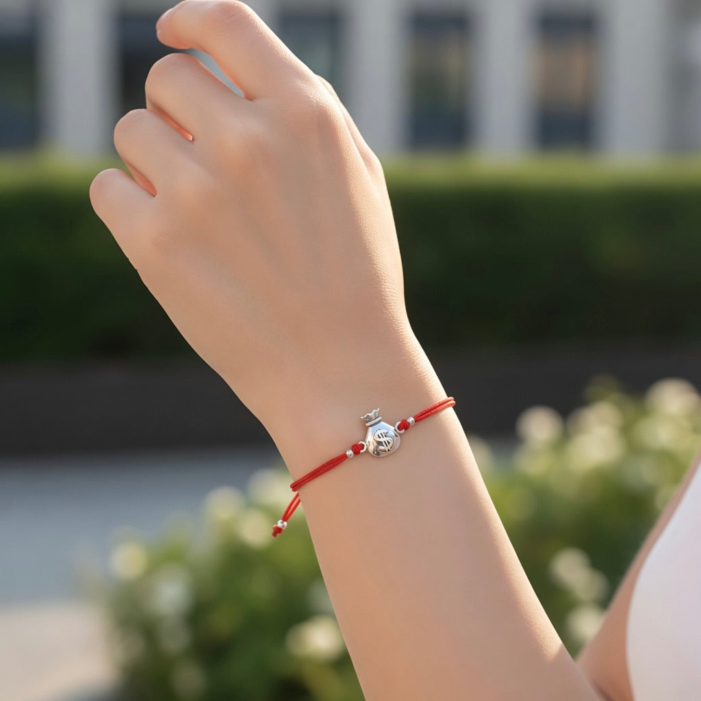 Red String Bracelet with Sterling Silver 925 Money Bag Charm “Good Fortune”