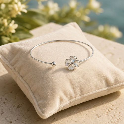 Sterling Silver 925 Clover Swarovski Crystals Cuff Bracelet "Blessed"