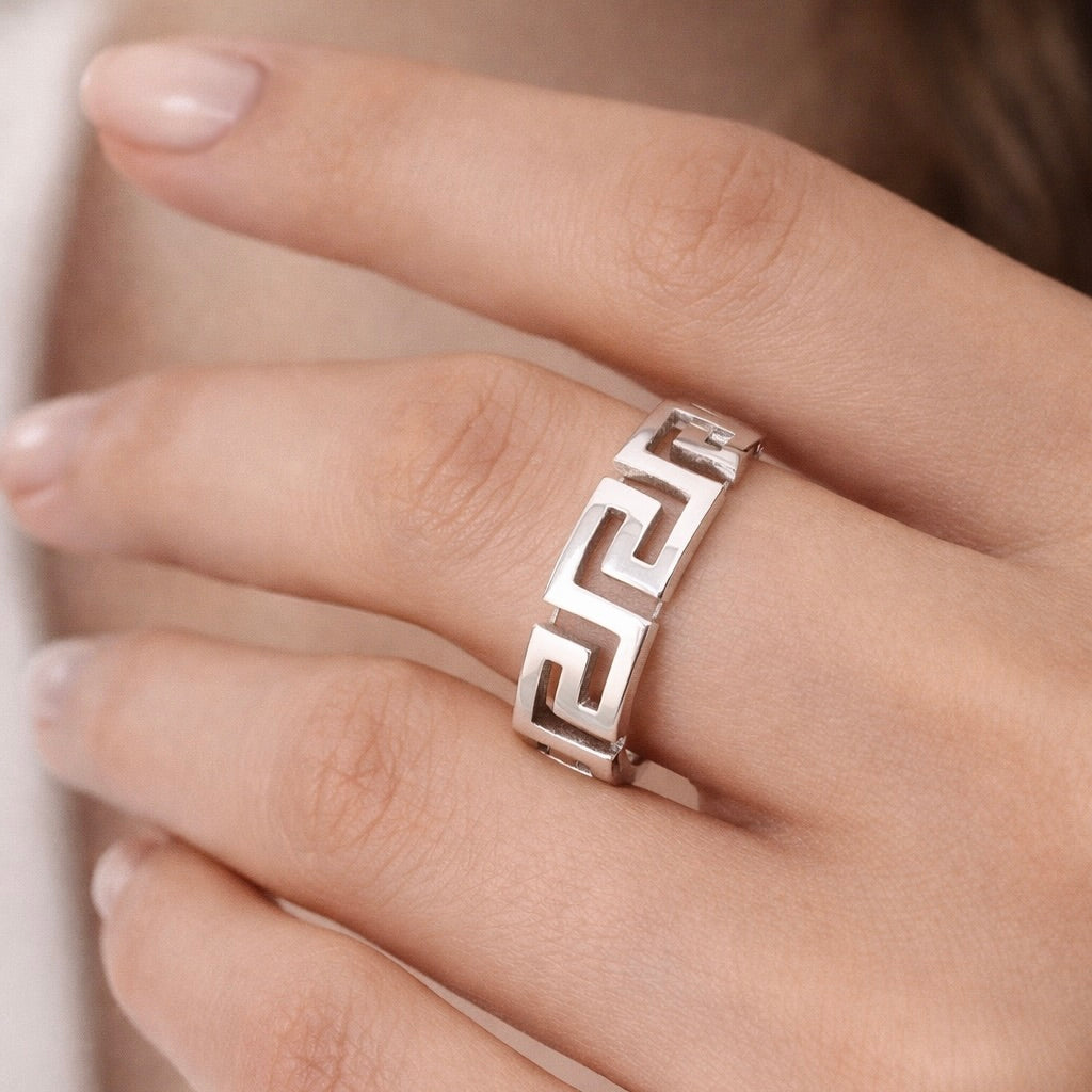 Sterling Silver 925 Greek Key Meander Band Ring "Elika"