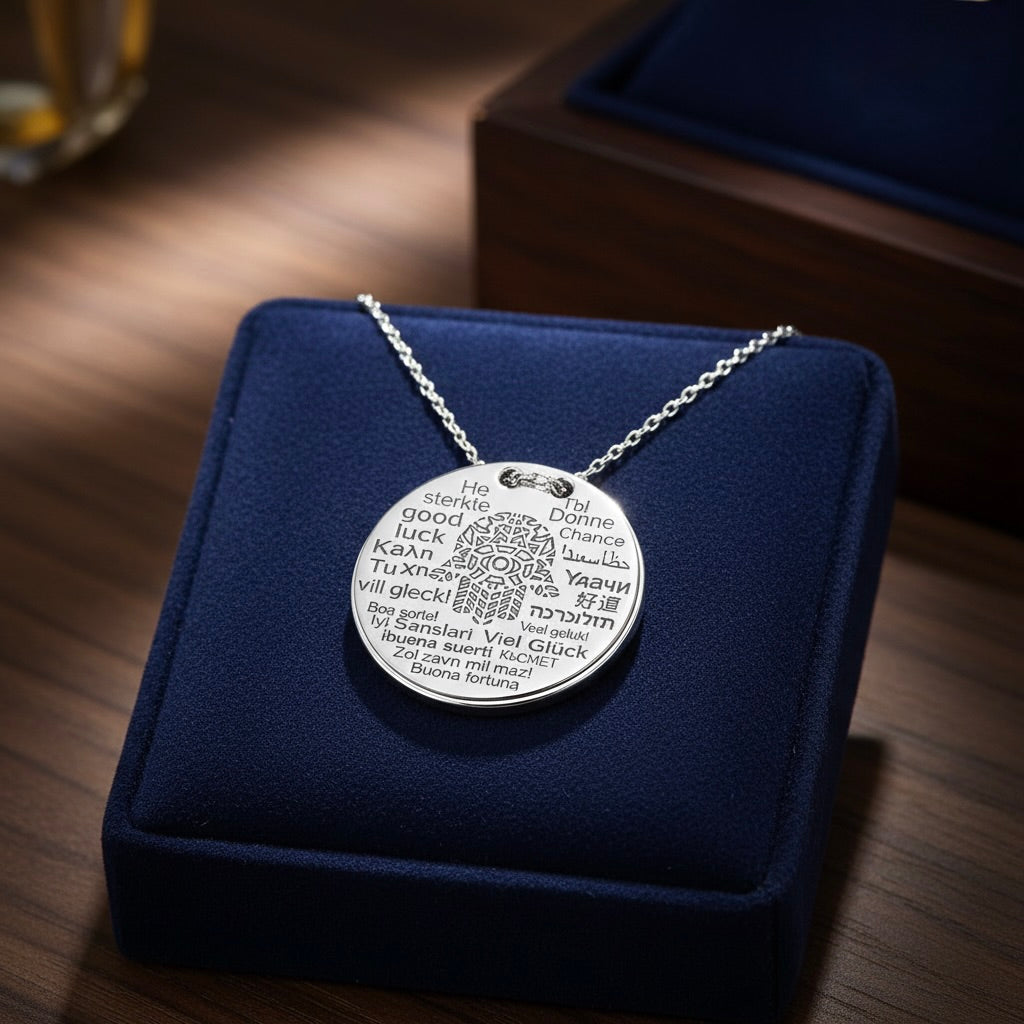 Sterling Silver 925 Multilingual Pendant Necklace "Good Luck"