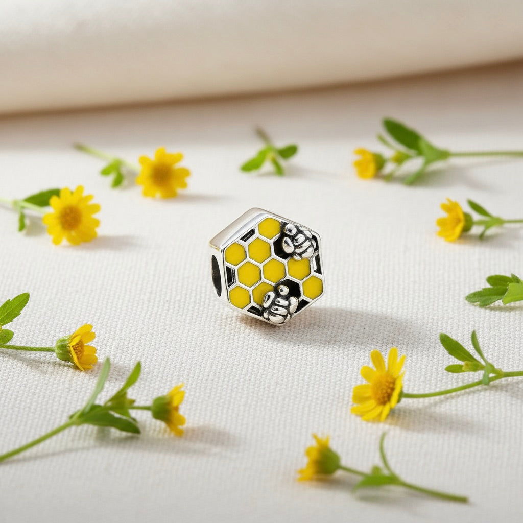 Sterling Silver 925 Honeycomb Bee Bracelet Bead Charm "Black and Yellow"