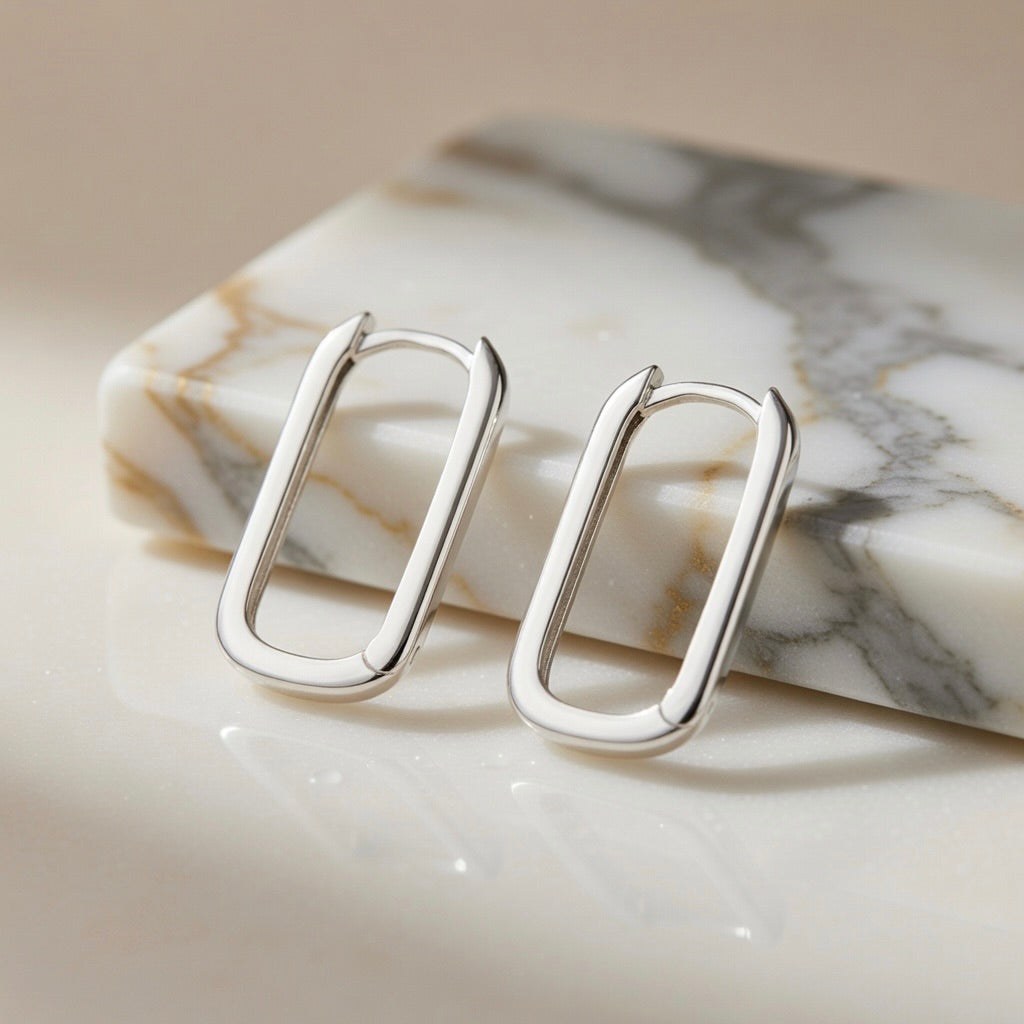 Sterling Silver 925 Rectangular Huggie Hoop Earrings “Urban Edge”
