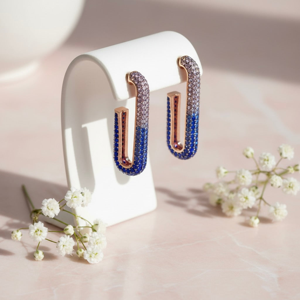Sterling Silver 925 Rose Gold Plated Blue Pavé Stud Earrings “Azure Sparkle”