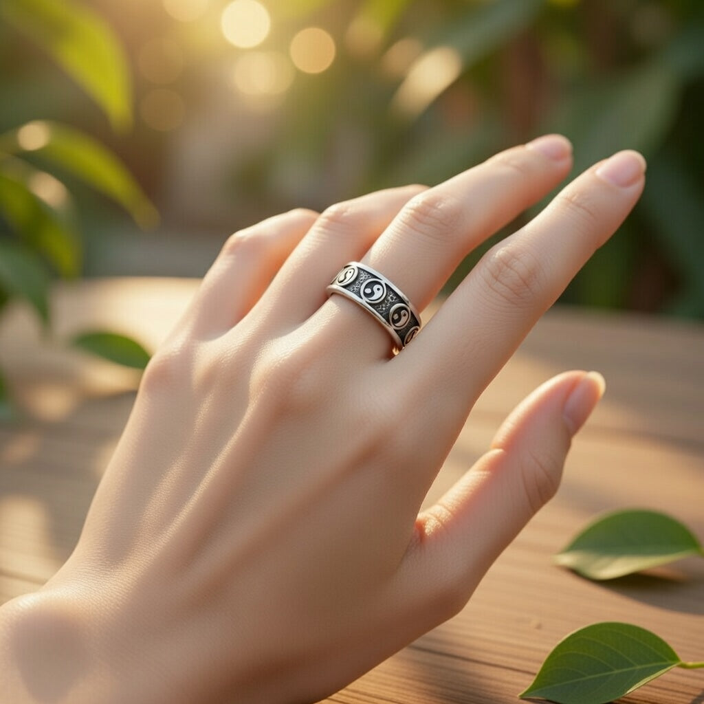 Sterling Silver 925 Yin Yang Band Ring "Black&White"