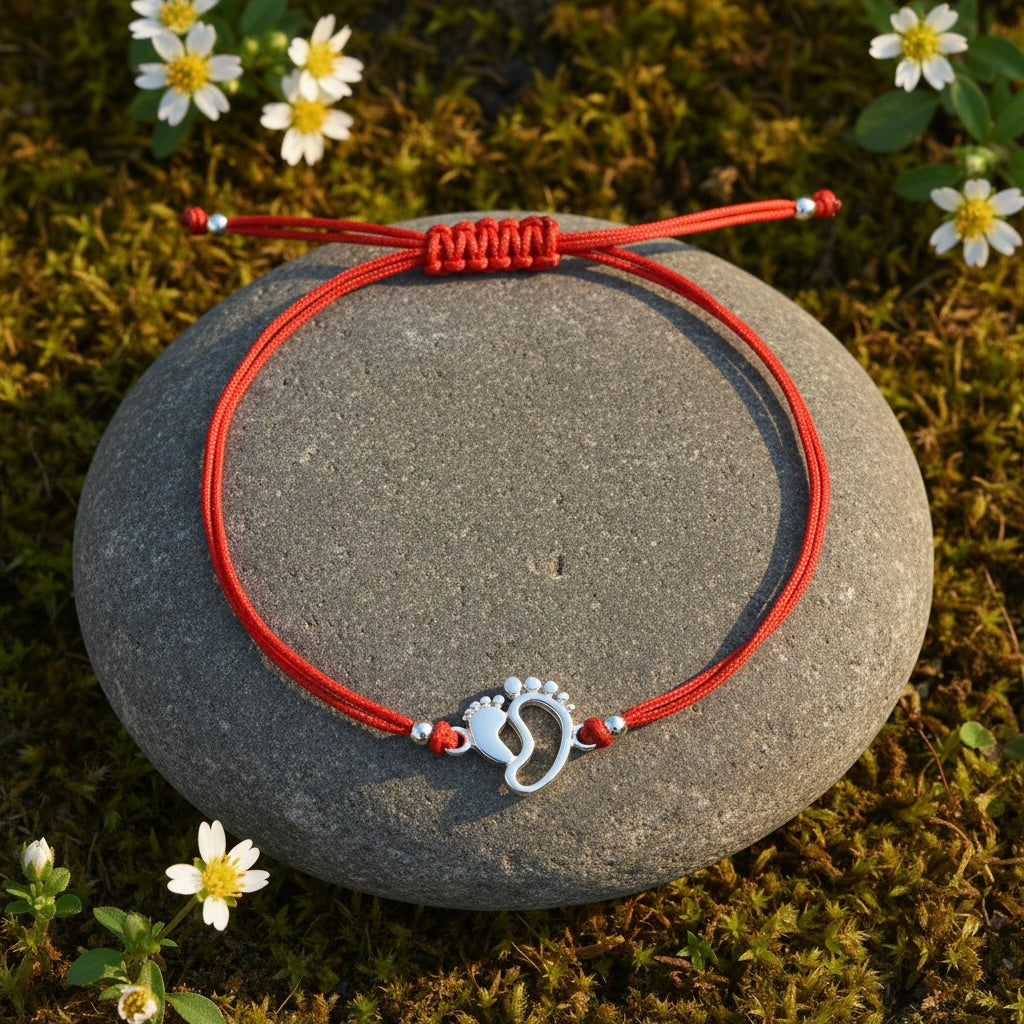 Rotes Schnurarmband mit Sterling Silber 925 Babyfüße Charm „Erste Schritte“