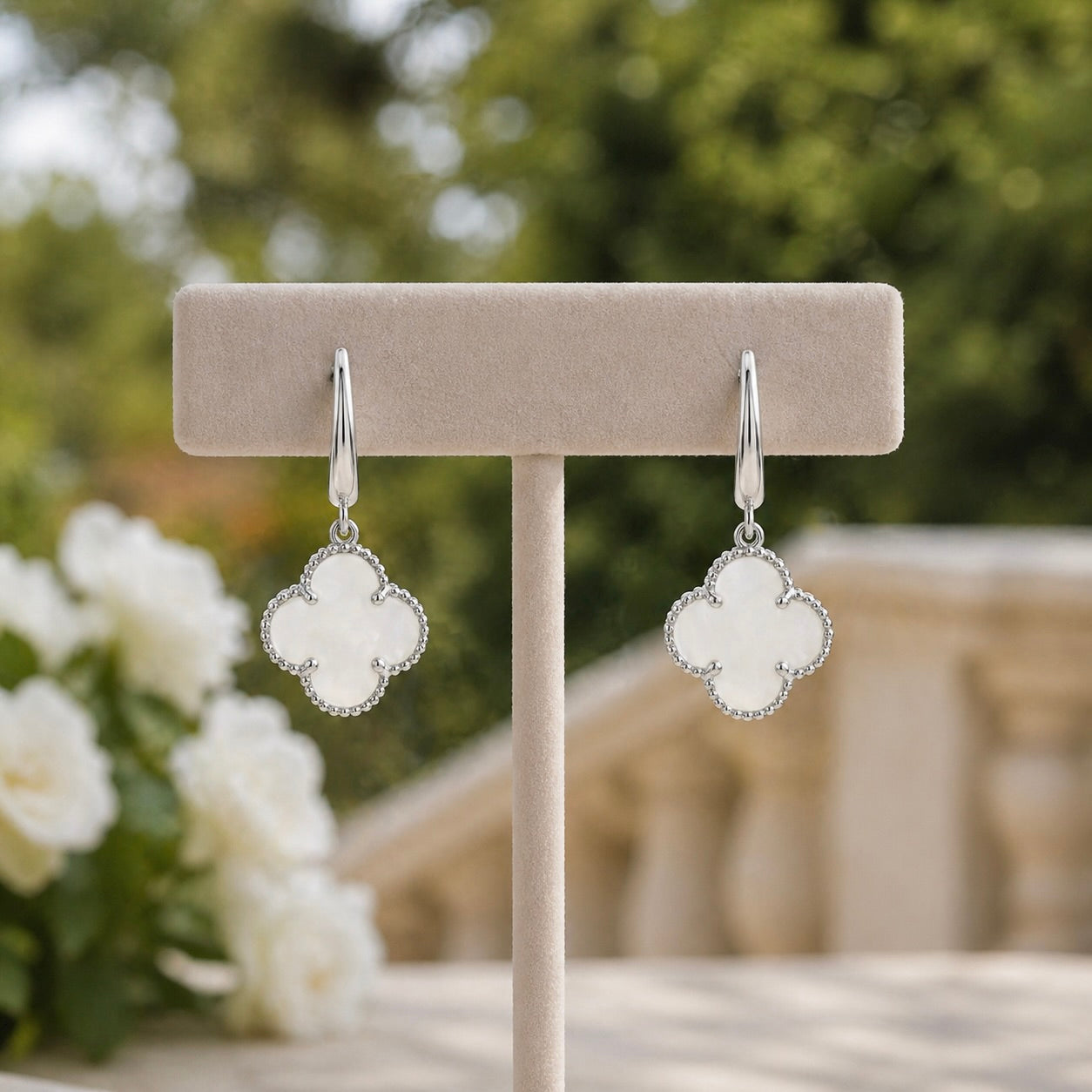 Sterling Silver 925 Mother of Pearl Clover Dangle Earrings “Luminous”