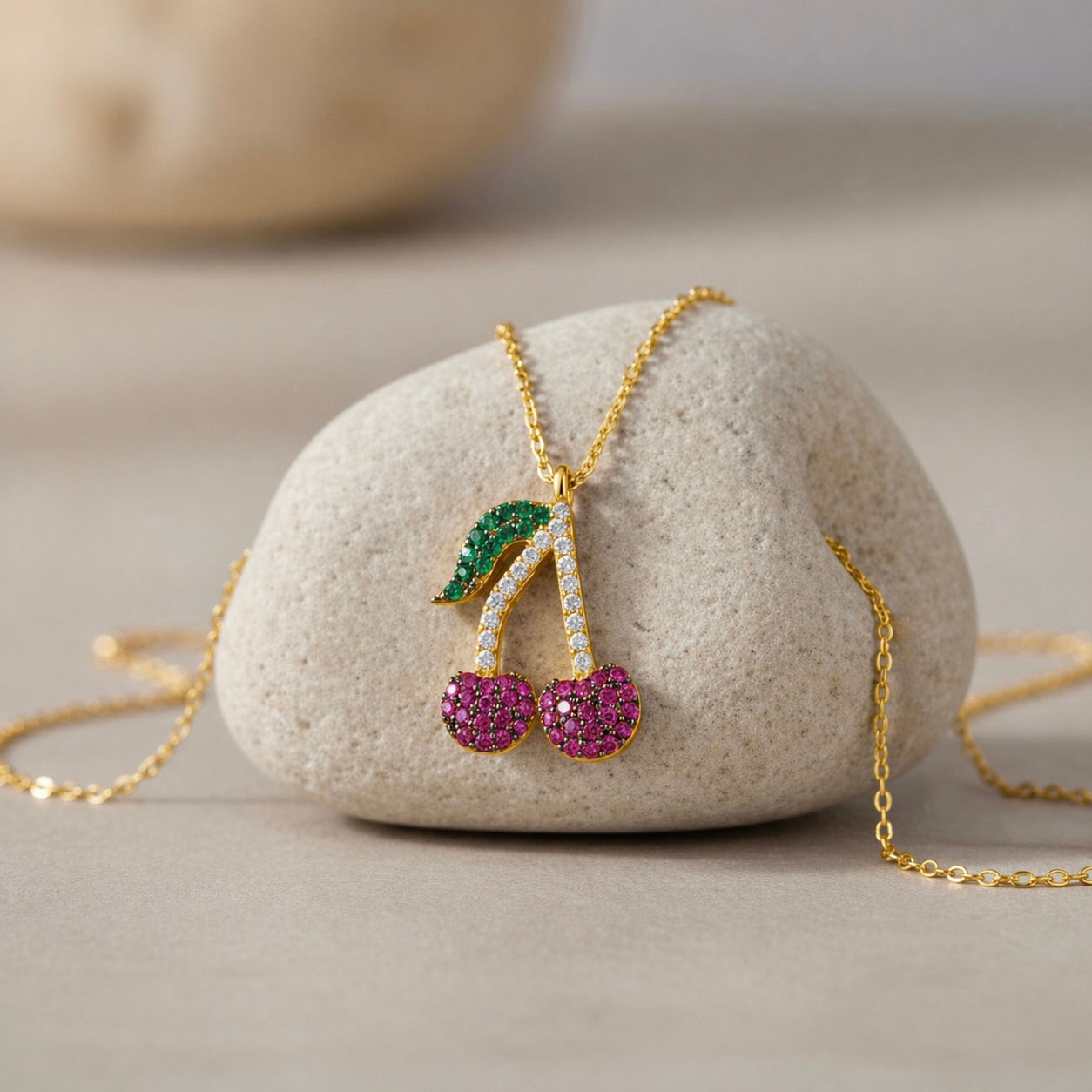 Sterling Silver 925 Yellow Gold Plated Cherry Necklace CZ Pendant “Cerise”