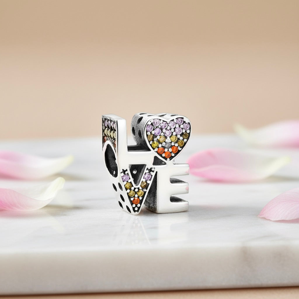 Sterling Silver 925 Pavé Bracelet Bead Charm “LOVE”