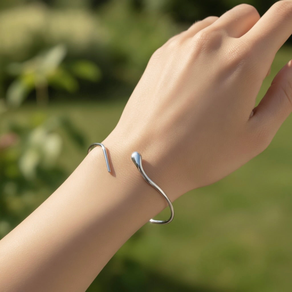 Sterling Silver 925 Snake Minimalist Open Bangle Bracelet “Serpent Gaze”