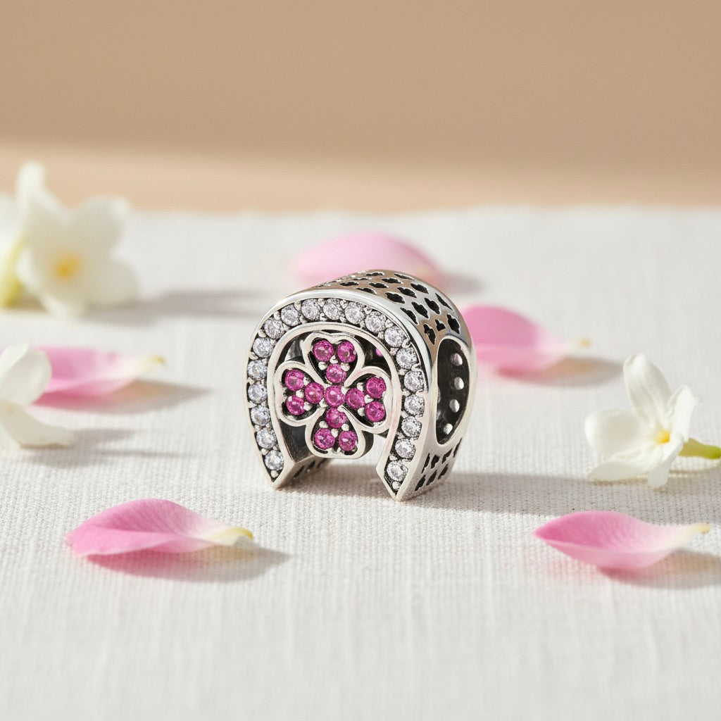 Sterling Silver 925 Horseshoe CZ Bracelet Bead Charm “Lucky Clover”