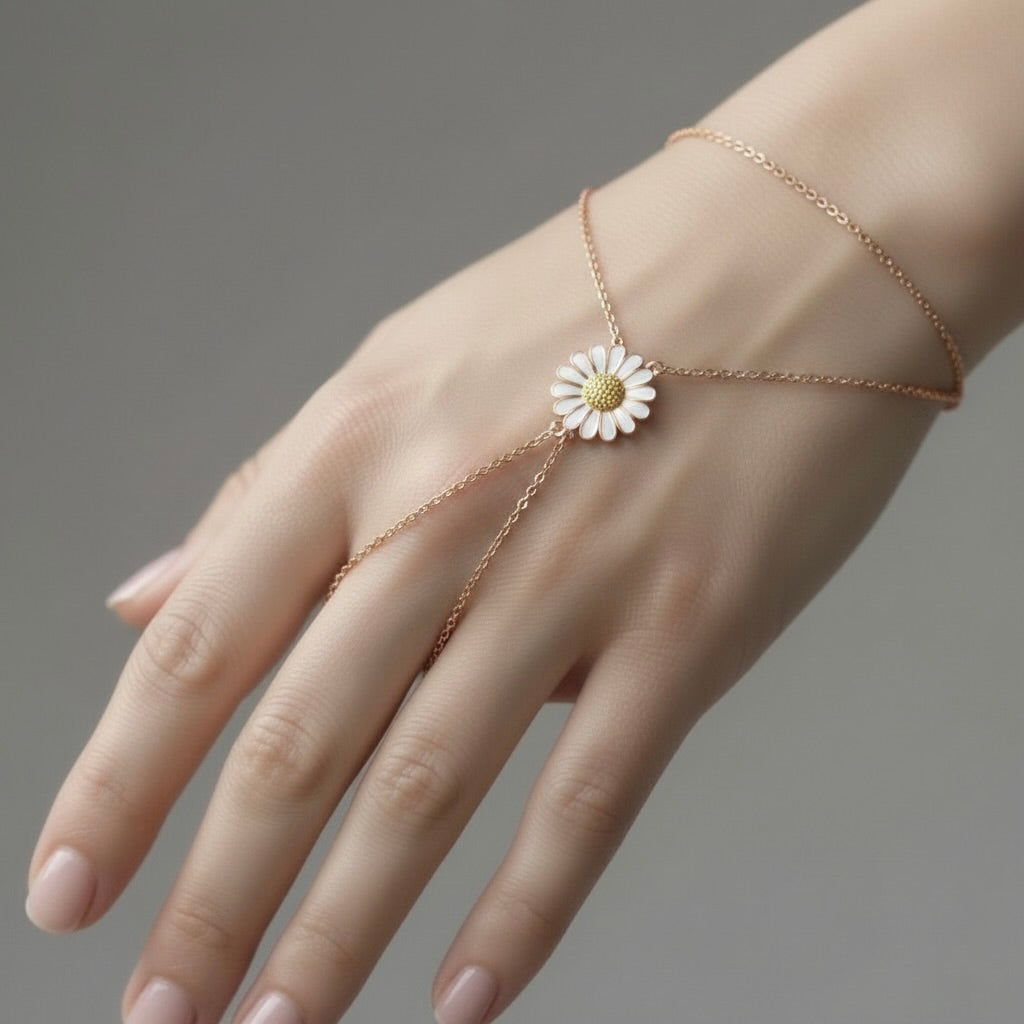 Sterling Silver 925 Rose Gold Plated Daisy Hand Chain Bracelet "Spring"