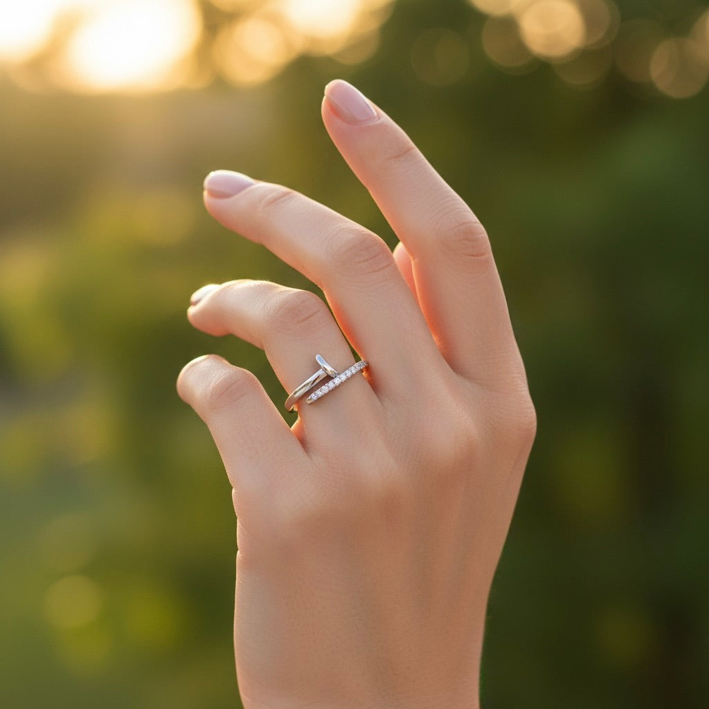 Sterling Silver 925 CZ Half Nail Adjustable Open Ring "L'ouvert"