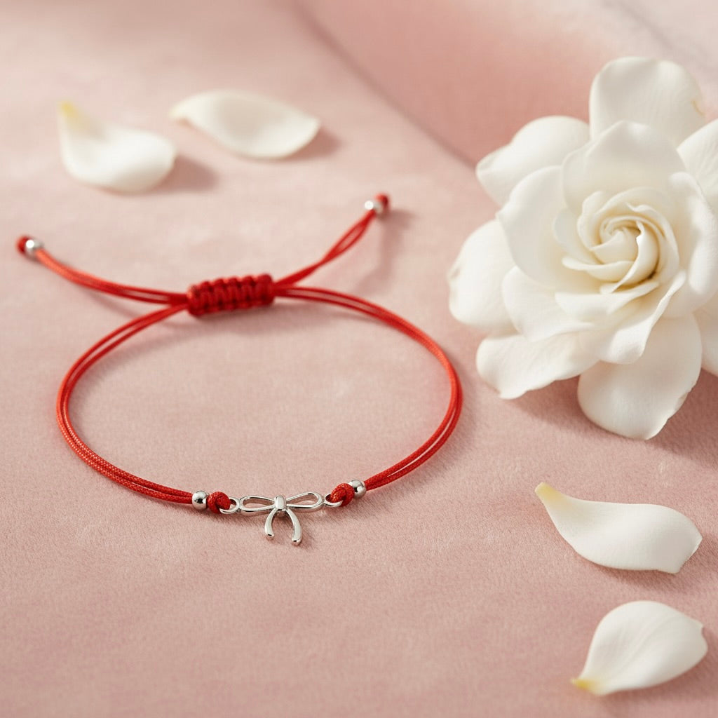 Rotes Band Armband mit 925er Sterling Silber Schleifenanhänger „Kleiner Wunsch“