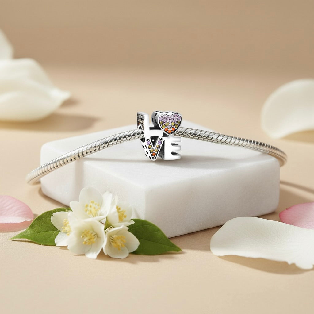 Sterling Silver 925 Pavé Bracelet Bead Charm “LOVE”