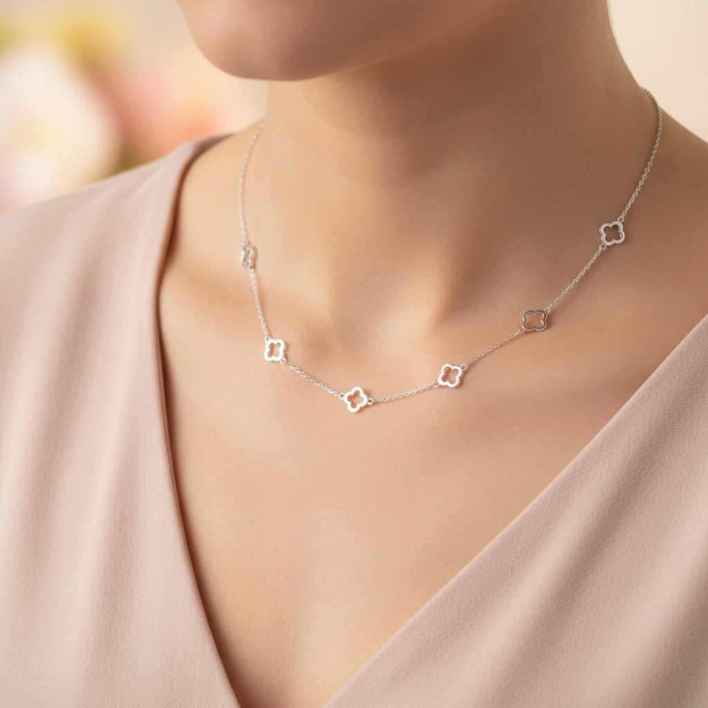 Sterling Silver 925 Openwork Four Leaf Clover Chain Necklace "Oxalis"