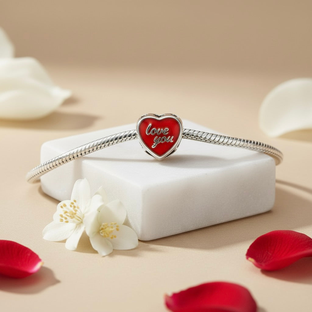 Sterling Silver 925 Red Heart “Love You” Bracelet Charm