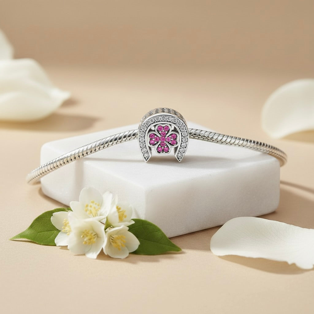 Sterling Silver 925 Horseshoe CZ Bracelet Bead Charm “Lucky Clover”