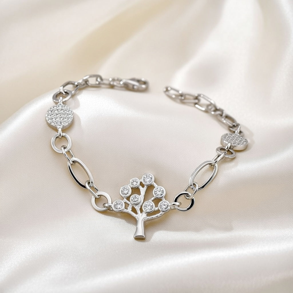 Sterling Silver 925 Tree of Life CZ Charm Chain Bracelet "Arbor"