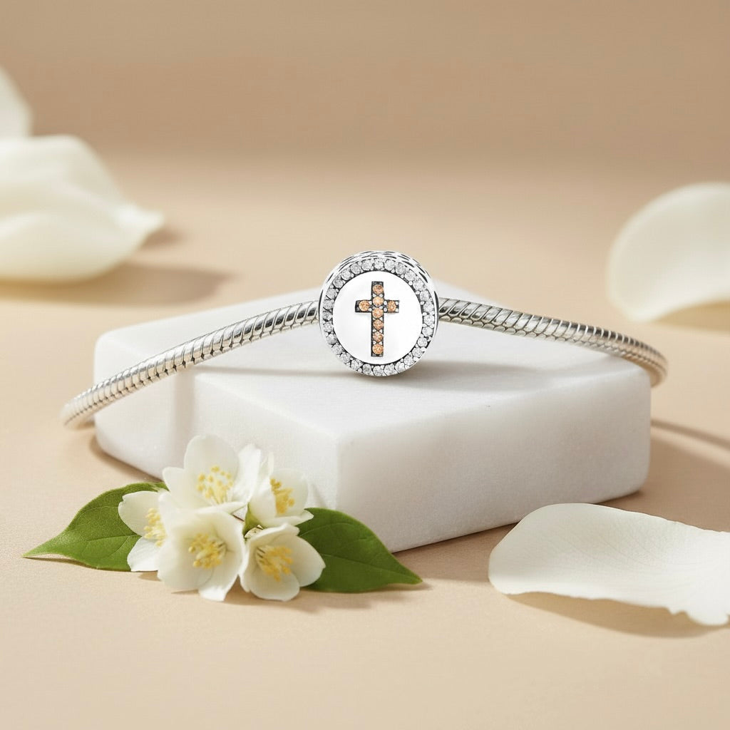 Sterling Silver 925 Cross Bracelet Bead Charm “Faith & Light”