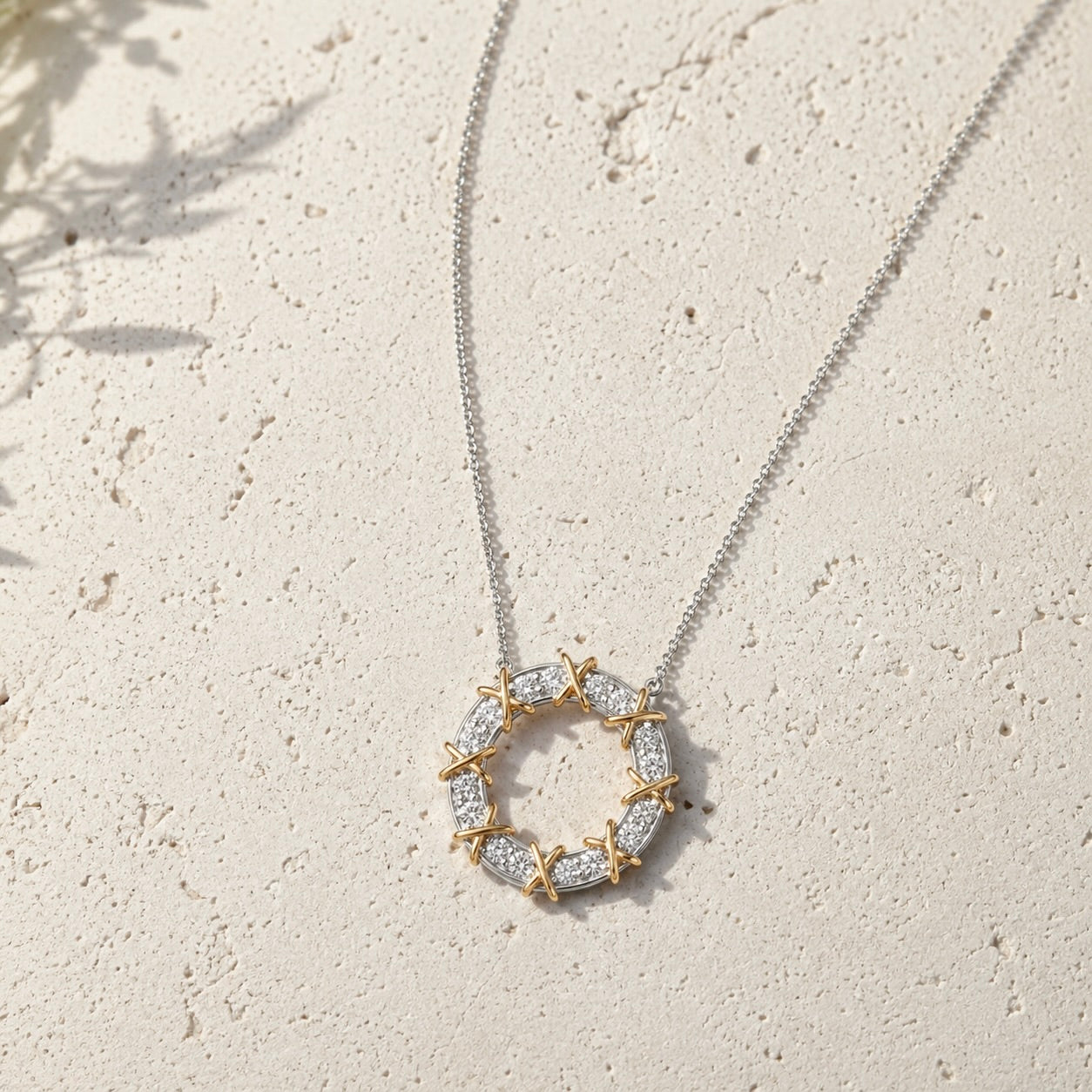 Yellow Gold Plated 925 Sterling Silver Pave CZ Open Round Pendant Necklace "Eternelle Belle"