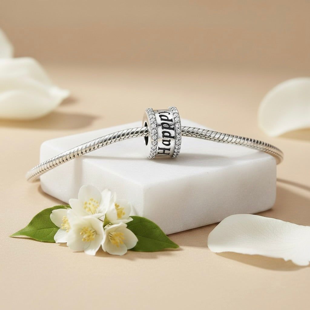 Sterling Silver 925 Sparkling Bracelet Bead Charm “Happy Birthday”